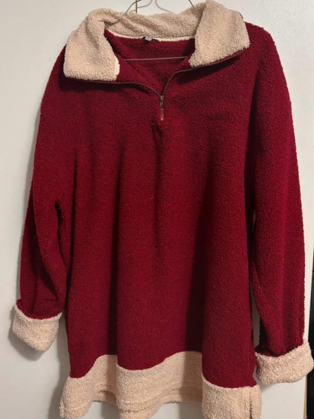 JODIFL Red Sherpa Zip-Neck Pullover with Cream Trim